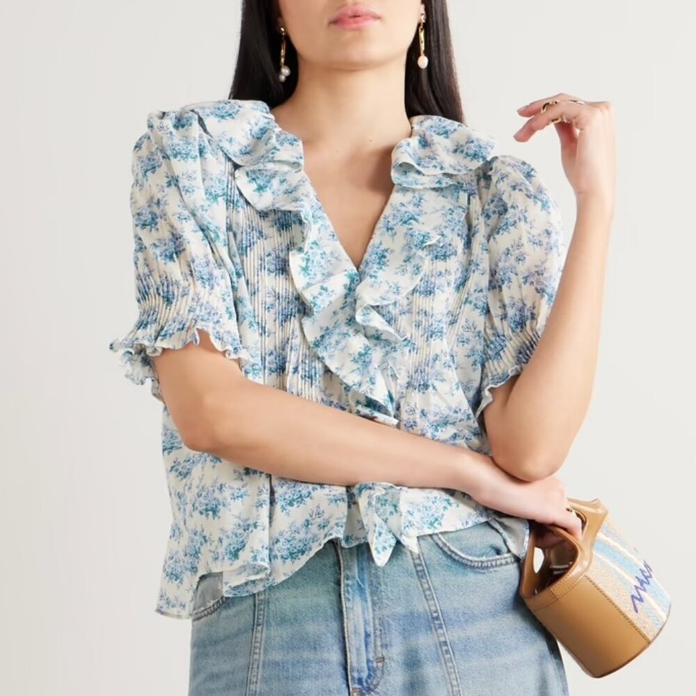 NWT Dôen Henri ruffled pintucked floral print top - Blue Rosier Floral - Picture 4 of 6